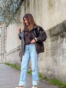 Chaqueta de cuero sintético holgada para mujer de otoño e invierno, chaqueta de motocicleta de moda de calle con bolsillos con cremallera - Café integral - Ver 4