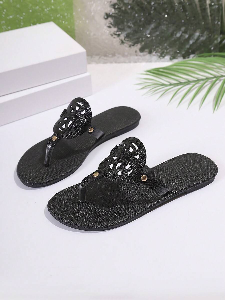 Giày sandal đế bằng nữ thời trang thường ngày, tối giản, thanh lịch, dễ thương, đa năng, màu trắng bóng, sandal đế bằng nữ màu đen bóng, sandal đế bằng nữ màu xanh bóng, sandal đế bằng màu nâu, đính đá, đính hạt, thích hợp ở nhà, thoải mái, đi mua sắm, đi chơi, cỡ lớn, đi biển, mùa hè, kiểu xỏ chân, họa tiết khoét tròn, mũi tròn, dép xỏ ngón đế bằng. - màu đen - Xem 1