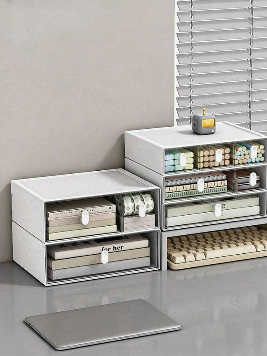 1pc Compact Minimalist White Drawer Organizer Box, Stackable Cute Stationery & Cosmetic Storage - White - View 1