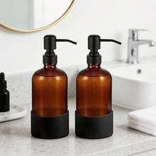 2 Pack Amber Glass 16 Oz Hand And Dish Soap Dispenser Set Stainless Steel Pump Non Slip Silicone Sleeves With Labels For Kitchen Bathroom Hotel Restaurant Daily Use - Amber - View 6