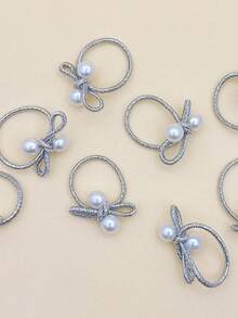 20Pcs No Damage Pearl Bow Hair Ties, Red & Silver Elastic Hair Bands For Girls - Multicolor - View 8