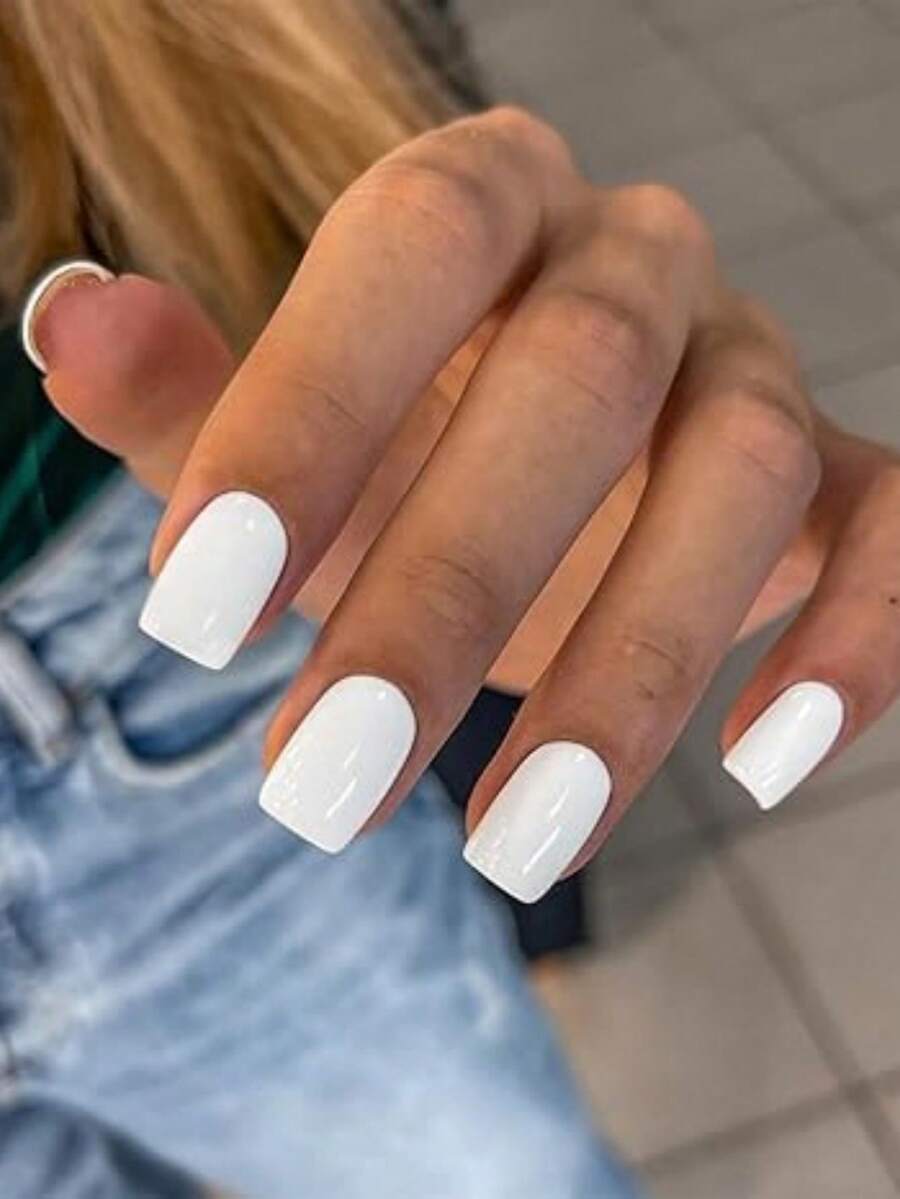 24pcs Short Square Full Coverage Solid Color False Nails (For Women/Girls), Instantly Elevate Your Look - White - View 1