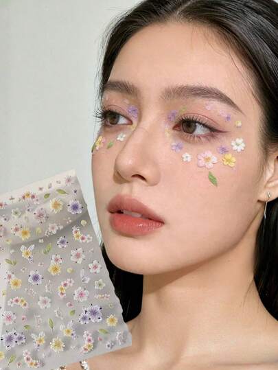 1 pieza Pegatina facial floral suave, flores bordadas 3D delicadas, decoración de maquillaje de primavera fresca, accesorio para festivales de música y sesiones de fotos