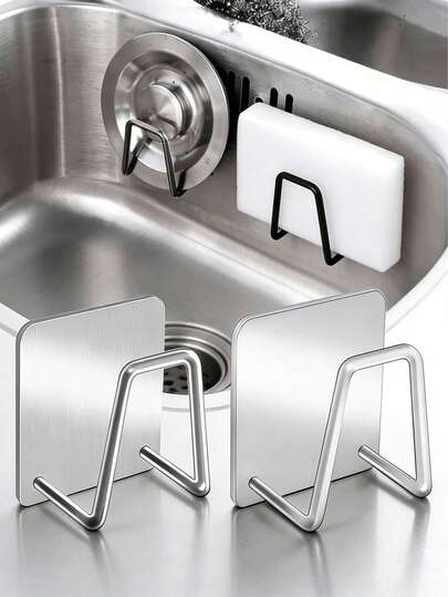 1pc Kitchen Sink Stainless Steel Sponge Rack - No Drilling Required, Wall Mounted Design, With Double Hooks, Perfect For Sponges And Small Tools, Keeping The Surface Clean, Used For Storing Sponges For Dishwashing, Storage Hooks For Kitchen And Bathroom, Essential Hooks For Household Use