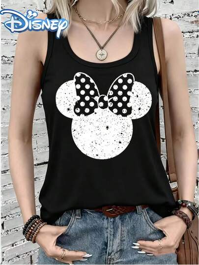  Disney Authorized By , Polka-Dot Bow  Head Pattern Printed Tops, Ladies' Fashionable Sleeveless Vests, Everyday Versatile Lightweight Summer Tops, Machine Washable, Holiday Gifts.