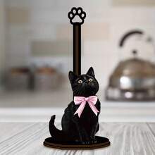 黑色猫形厨房纸巾架，木质厨房纸巾架，单层抹布架，立式厨房纸巾架，台面纸巾和保鲜膜分配器 - 彩色 - 查看 3