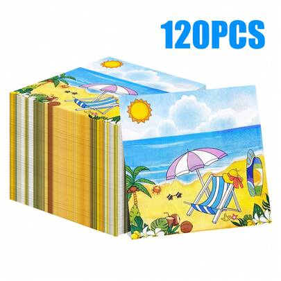 120/72/24 chiếc khăn giấy dùng một lần kiểu bãi biển mùa hè, kích thước 13 * 13 inch, với họa tiết mặt trời, bãi biển, dù che và cây dừa, thích hợp cho trang trí tiệc, tiệc dã ngoại bãi biển, sinh nhật, tiệc cưới, họp mặt gia đình và trang trí nhà hàng.