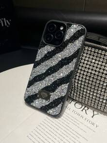 1 pieza Funda de teléfono a prueba de golpes 2 en 1 con textura de cebra negra y cristales de rinoceronte, adecuada para iPhone 15 Pro Max/17 Pro Max/17 Ari/S25 Ultra - Negro - Ver 7