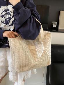 Bolso de mano grande de capacidad para viajes, bolso de hombro simple tejido para mujer, bolso de playa para vacaciones, nueva colección primavera/verano 2026 - Beis - Ver 4