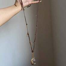 1pc Vintage Boho Moon & Star Pendant PU Leather Chain Necklace For Women, Suitable For Daily Wear, Parties, Music Festivals - Sweater Chain - 棕色 - 查看 3