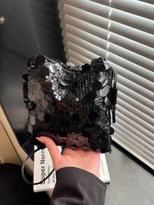 1个绗缝亮片翻盖PVC零钱包，时尚闪亮亮片手拿包，女士派对活动包，新款时尚链条斜挎包，闪亮亮片独特单肩包，适合女士宴会和派对出席 - 彩色 - 查看 16