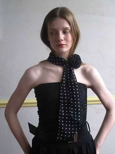 1pc Polka Dot Silk Scarf For Women, New Spring/Summer Versatile Rose Flower Neck Scarf, Narrow Long Elegant Chiffon Scarf