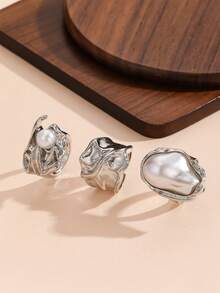 3pcs Set New Baroque Inlaid Asymmetric Geometric Vintage Silver Rings Set, Suitable For Women's Daily And Party Wear - Silver - View 3