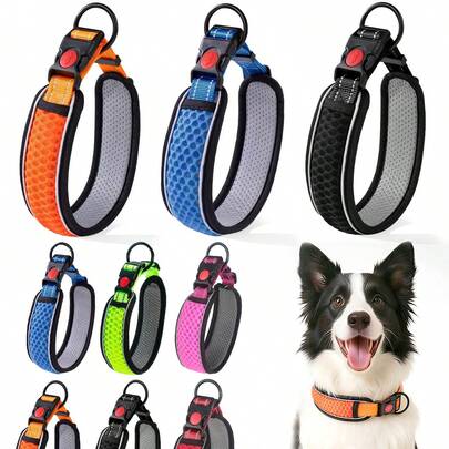 反光宠物项圈，采用柔软透气的网状面料制成，不会勒住狗狗的脖子，舒适可调节，适合夜间佩戴，适用于小型、中型和大型犬。