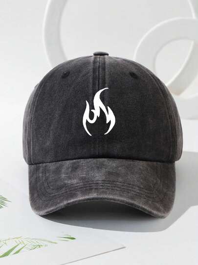 1pc Unisex Fire Printing Washed Baseball Cap Vintage Adjustable Outdoor For Travel Beach For Boys And Girls Men Women Christmas Gift