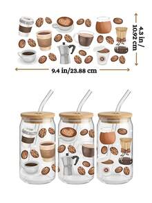 4 件/套 16 盎司玻璃杯 UV DTF 转印贴纸（9.4x4.3 英寸），无需加热，美观的咖啡爱心图案，西部高地牛向日葵豹纹冰咖啡爱好者贴纸，防水摩擦贴纸，适用于 Libbey 易拉罐保温杯 DIY 礼物 - 2Coffee 01 - 查看 4