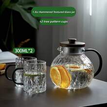1pc Hammered Glass Cold Water Pitcher, Large Capacity Thick Green Handle Citrus Pitcher, Glass Iced Tea Carafe, Home Juice Beverage Flower Tea Pitcher, Large Capacity Wooden Lid Hammered Cold Water Pitcher (No Cup) - Clear - View 1