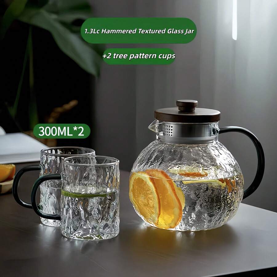 1pc Hammered Glass Cold Water Pitcher, Large Capacity Thick Green Handle Citrus Pitcher, Glass Iced Tea Carafe, Home Juice Beverage Flower Tea Pitcher, Large Capacity Wooden Lid Hammered Cold Water Pitcher (No Cup) - Clear - View 1