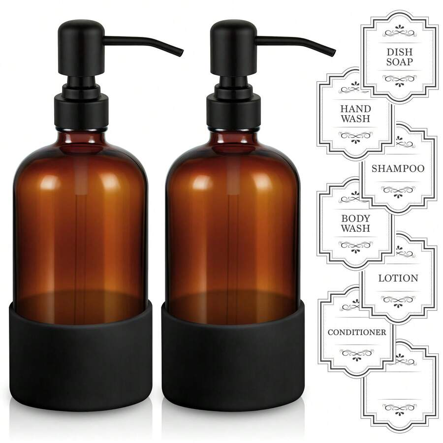2 Pack Amber Glass 16 Oz Hand And Dish Soap Dispenser Set Stainless Steel Pump Non Slip Silicone Sleeves With Labels For Kitchen Bathroom Hotel Restaurant Daily Use - Amber - View 1