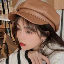 Women's PU Leather Beret, French Retro Vintage Style, Newsboy Hat, Autumn/Winter Korean Fashion, Adjustable - 摩卡棕 - 查看 2