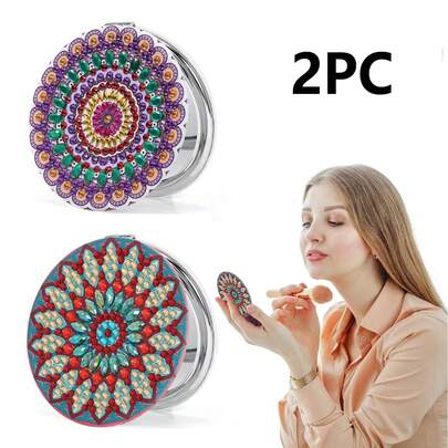 Bộ tranh đính đá 2 chiếc kèm gương mini, họa tiết hoa Mandala, gương trang điểm hình tròn bằng da PU, thích hợp cho du lịch, người mới bắt đầu học vẽ, quà tặng Lễ Tạ ơn.