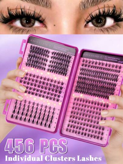 Set de 456 piezas/1 pieza de pestañas postizas individuales con efecto abanico D-Curl, de gran capacidad, kit de pestañas postizas ideal para principiantes, kit de extensión de pestañas DIY para usar en casa, pestañas postizas esponjosas y gruesas segmentadas, autoadhesivas, con cepillo para pestañas, adecuadas para maquillaje de ojos DIY diario/natural/glamuroso/de oficina/Y2K/cosplay, fáciles de aplicar, ligeras como el cabello, suaves y realistas, regalo para mujeres, nuevas mamás, futuras mamás