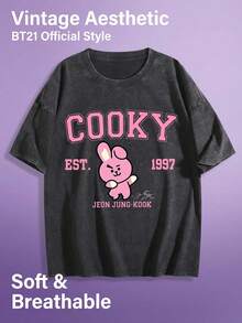 New American-Style 100% Cotton T-Shirt Suitable For Both Men And Women. Fun Retro And Cute Rabbit BT21 Baking Dessert Cartoon Letter Pattern Print. Double-Sided Retro Distressed Pattern. Street Korean-Style Comfortable Retro Fashionable Commuting And Versatile Y2k Clothing. Regular Small-Scale Punk Style Fitted Black Round-Neck Short-Sleeved Washed T-Shirt From The Washed-Out Retro Series. Comfortable Pure Cotton T-Shirt From The Washed-Out Retro Series, Easily Creating Retro Casual Clothing. Suitable For Daily Commuting, Casual Outings, Music Festivals, And Daily Wear. Classic Retro Style. Men's Printed T-Shirt, Women's Printed T-Shirt. - 黑色 - 查看 3