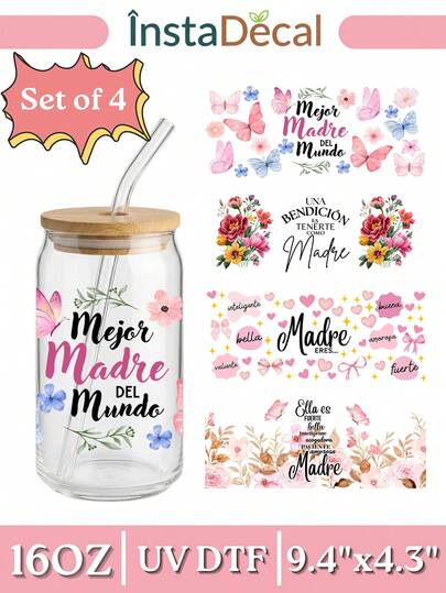 4pcs/Set 16oz Glass Cup Wrap UV DTF Transfer Sticker (9.4x4.3in) No Heat Needed, Spanish Mother's Day, Butterfly Floral Pink Heart Decal, Gift For Mom Rub On Sticker
