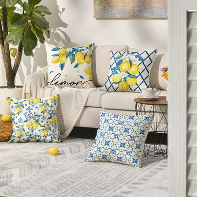 Hello Lemon Bamboo Pillow Cover, Blue Summer Cushion Cover, 4-Piece Set Suitable For Sofa