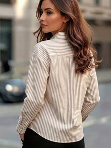 New Women's Long Sleeve Single-Breasted Pocket Casual/Work Striped Shirt Spring - Brown - View 5