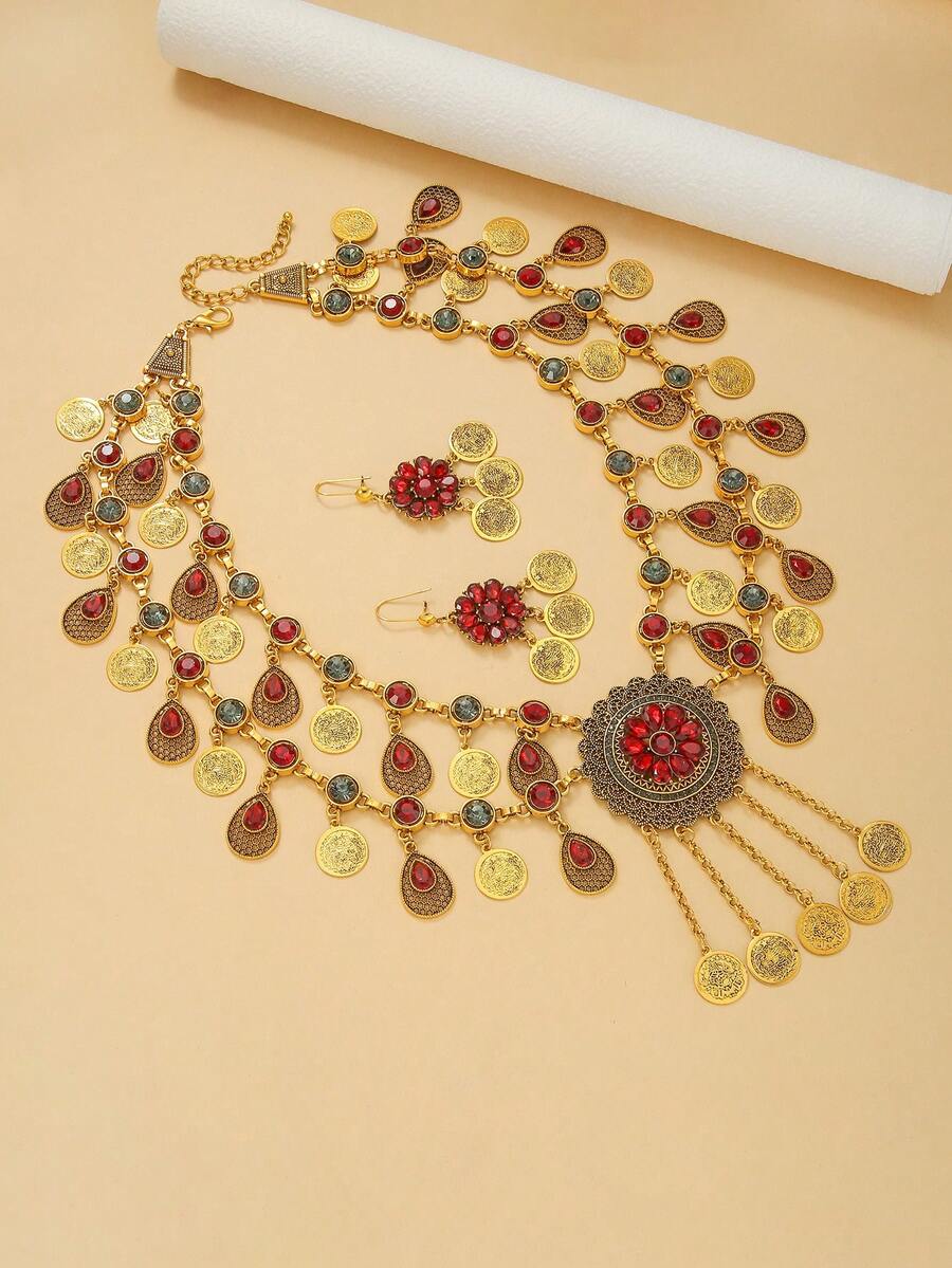 3pcs/Set 18K Gold Tassel Necklace, Earrings & Coin Jewelry Set, Multilayer Luxury Bridal Jewelry Gift Set For Wedding Party