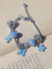 1pc Dreamy Butterfly Charm Bracelet, Shiny Star Bracelet, Cherry Blossom Bracelet, Best Friend Memorial Bracelet, Cartoon Moon Bracelet - Silver - View 6