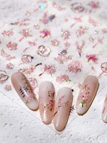 1pc Romantic Pink Peach Blossom Tower Circular Fan Hollowed Window Tassel Pendant Antique Tree Chic Nail Art Stickers Manicure Decal - Pink - View 3