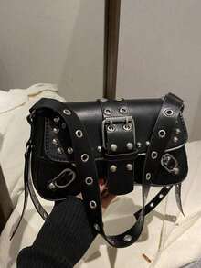 Y2K复古铆钉女士单肩包，新月形斜挎包，休闲日常单肩包，适合购物、装钱包，适合年轻女性、大学生、新手和上班族女性。完美适用于办公室、大学、工作、商务、通勤、户外、旅行和徒步等场合，复古风十足。 - 黑色 - 查看 8