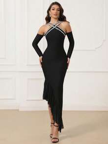 LOVE Aing 女士黑色优雅连衣裙，时尚奢华网纱拼接交叉镶钻手工不对称性感派对礼服，正式奢华优雅晚礼服，长袖婚纱 - 黑色 - 查看 2