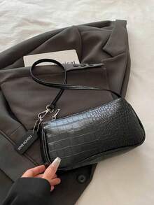 Crocodile Embossed Women's Handbags, Korean Style Ladies Underarm Tote Bags, New Fashion Shoulder Bags, Simple Commute Crescent Moon Bags , Old Money - Black - View 4