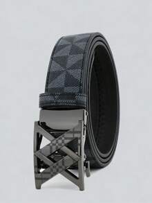 1条秋冬新款男士皮带，优质合金自动扣，商务休闲男士裤带，简约格纹设计 - 彩色 - 查看 4