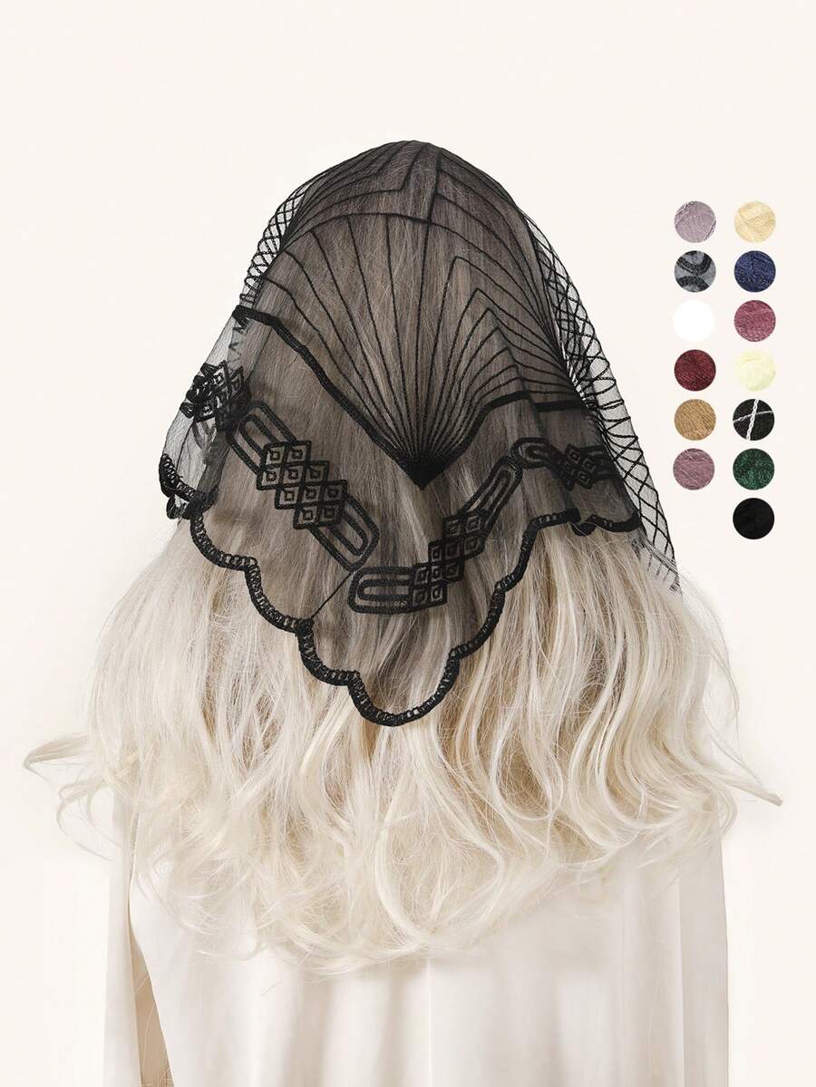 1pc Women's Embroidered Geometric Pattern Lace Trim Scarf, Casual Versatile Bandana - Multicolor - View 1