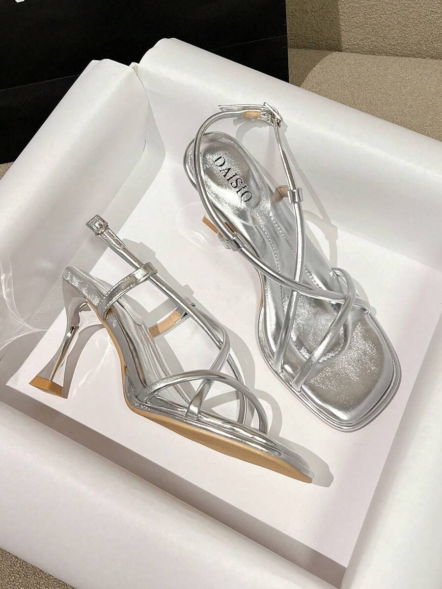 2026春夏新款罗马凉鞋，优雅高跟鞋，简约舒适时尚女鞋，紫色细高跟凉鞋 - 銀色 - 查看 1