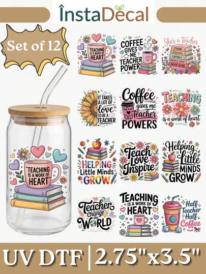 12pcs/Set Teacher Appreciation UV DTF Transfer Sticker (2.75x3.5in) No Heat Needed, Teaching Is A Work Of Heart Motivational Quote, Helping Little Minds Grow School Supplies Decal, Coffee Apple Books Waterproof Rub On Sticker DIY Gift