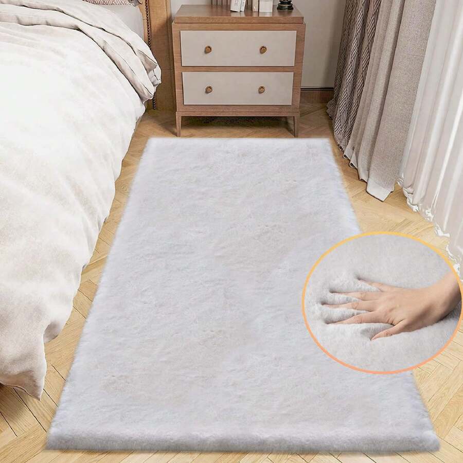 1 pieza Alfombra de piel de conejo sintética, alfombra de pelo largo y esponjoso de piel sintética blanca, adecuada para dormitorio, sala de estar, alfombra de habitación de bebé lavable a máquina