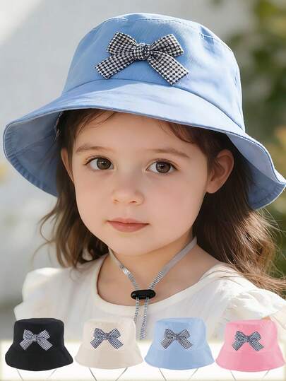 1pc Kids Bowknot Houndstooth Bucket Hat - Adjustable Anti-Drop Strap, Multiple Colors, Girls Summer Sun Hat