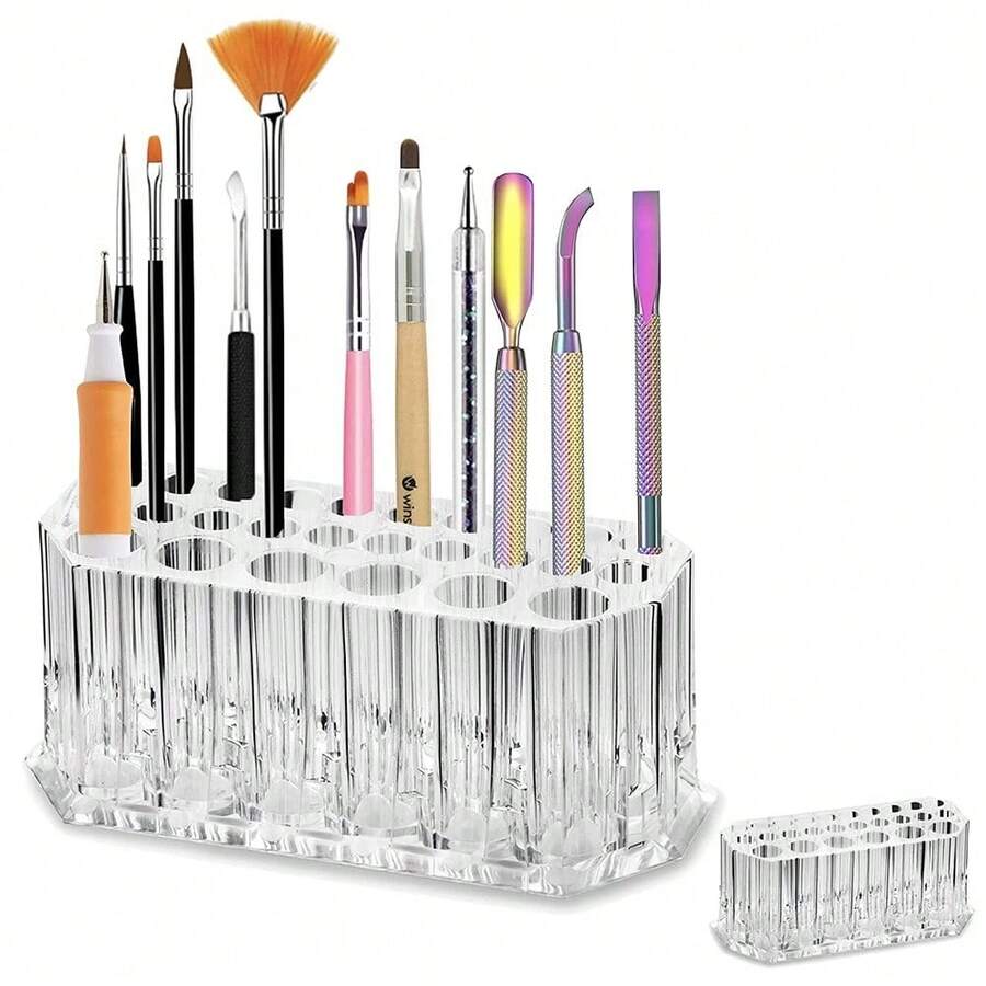 1pc Acrylic Makeup Brush Holder, Nail Polish Storage Box, Transparent Brush & Cosmetic Organizer And Display Case, Compact 26-Slot Acrylic Eyebrow & Eyeliner Makeup Pen Rack - Clear - View 1