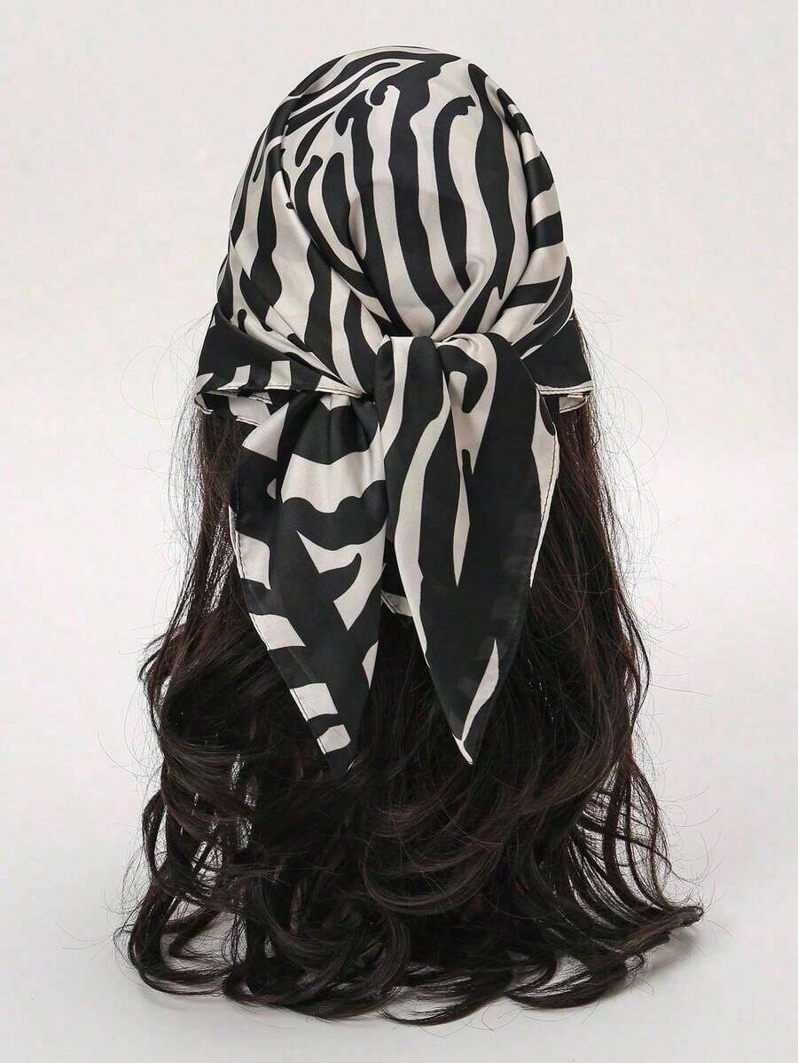 1pc Simple Printed 70*70cm Bandana Women, Spring New Arrival, Can Be Used As Scarf, Belt, Bag Decor Or Headband Bandana,Hair Band,Band Dressing Up Your Look Witch - Đen và trắng - Xem 1