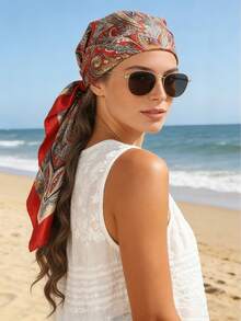 1条女士红色佩斯利花纹真丝方巾，90厘米大方巾，适合夏季海滩度假，可作休闲头巾/方巾使用 - 紅色佩斯利 - 查看 1