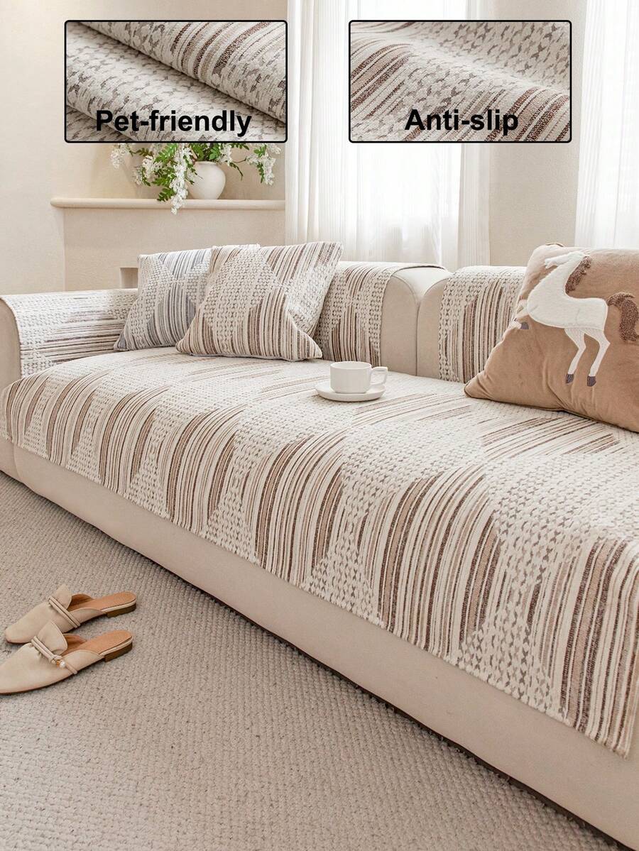 1pc Bohemian Style Linen-Look Sofa Cover, Multi-Color Design Sofa Cushion For All Seasons, Protective Pet-Friendly Sofa Pad Suitable For 1-Seater, 2-Seater, 3-Seater, 4-Seater Sofas - Khaki - View 1