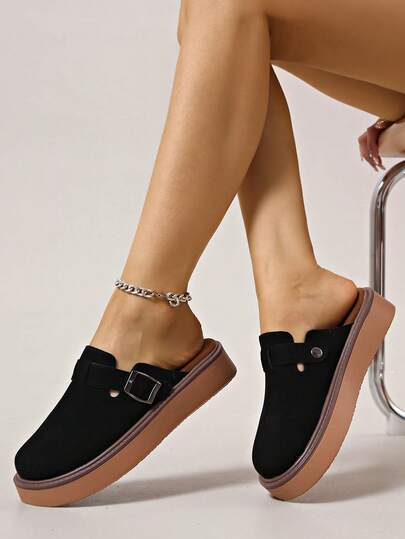 Neue Damen Slip-On Schuhe mit rundem Zehenbereich, dicker Sohle, Khaki, Beige, Schwarz, Braun, vielseitig einsetzbare Outdoor Casual Pantoletten