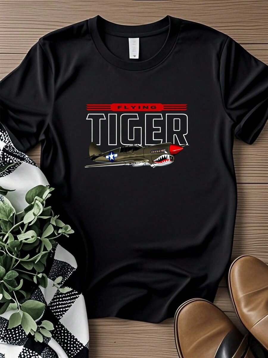 T-shirt femme imprimé P-40 Warhawk, avion de chasse Flying Tiger, avec manches longues ou courtes - Noir - Voir 1