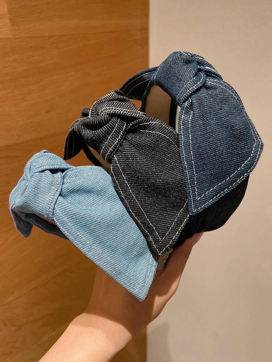 1件女款法式優雅溫柔百搭蝴蝶結仿珍珠牛仔髮箍，波希米亞風，適合日常使用、海灘、居家，髮飾配件