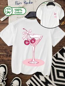 Maglietta a maniche corte in 100% cotone, con stampa a doppia faccia di bicchieri di vino e ciliegie, adatta per uso casual quotidiano, abbigliamento estivo, stampa a motivi per donna. Colore: bianco - Bianco - Visualizzare 1
